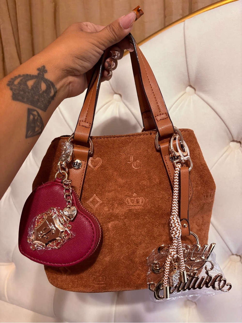 Juicy Couture Brown Suede Satchel with Burgundy Heart Charm